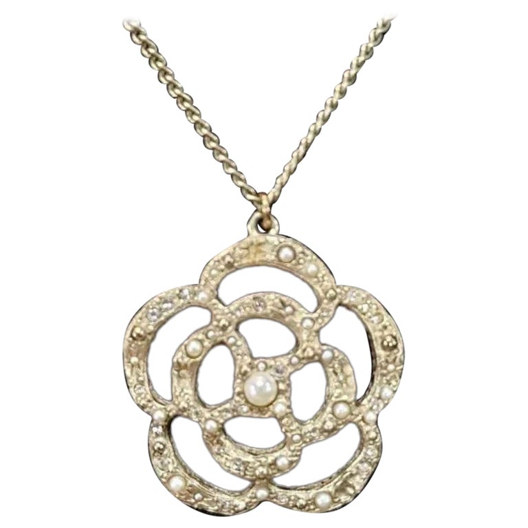 Chanel Gold Metal and Faux Pearl Camellia Pendant Necklace For
