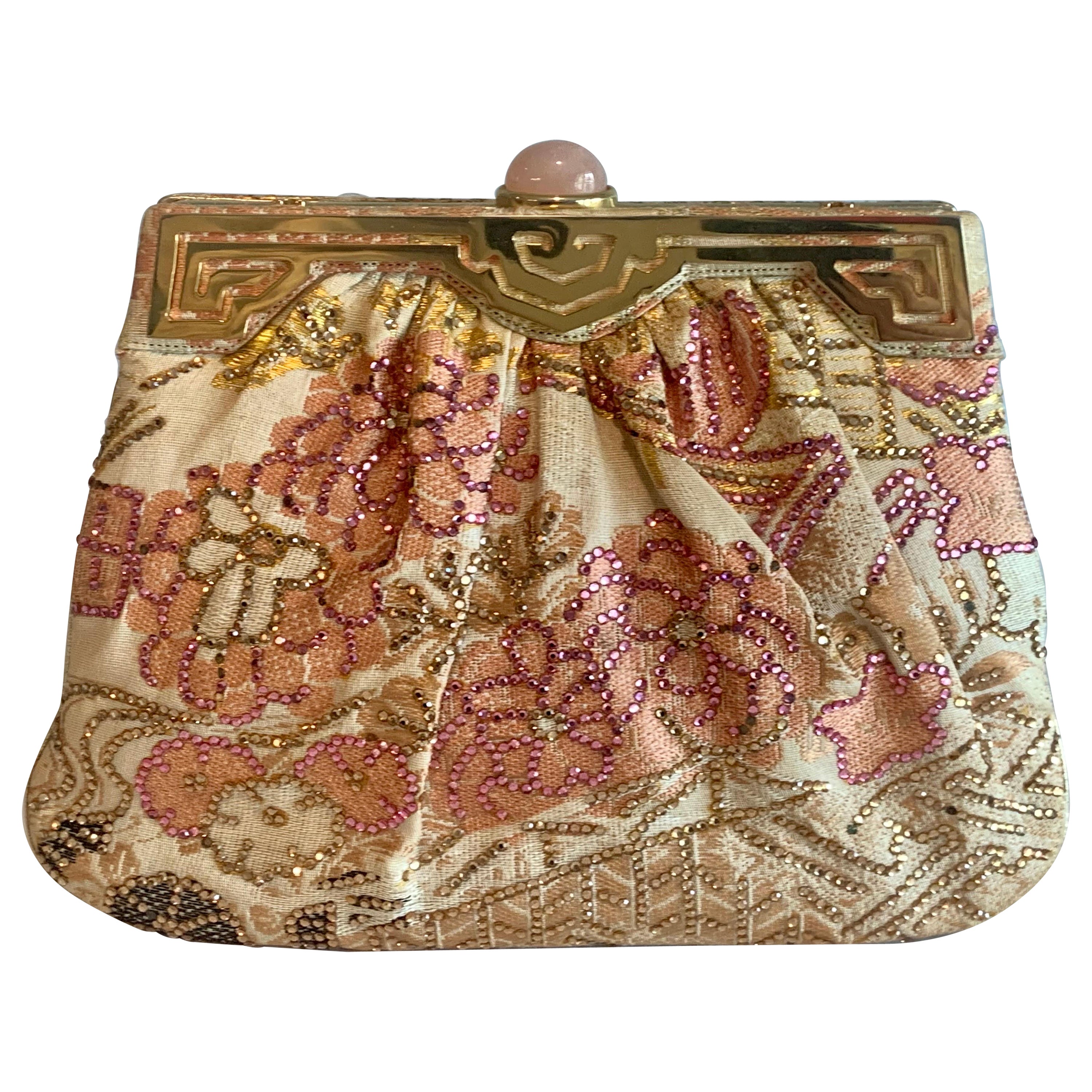 Judith Lieber Rhinestone Studded Floral Fabric and Gold Leather Bag Never Used For Sale