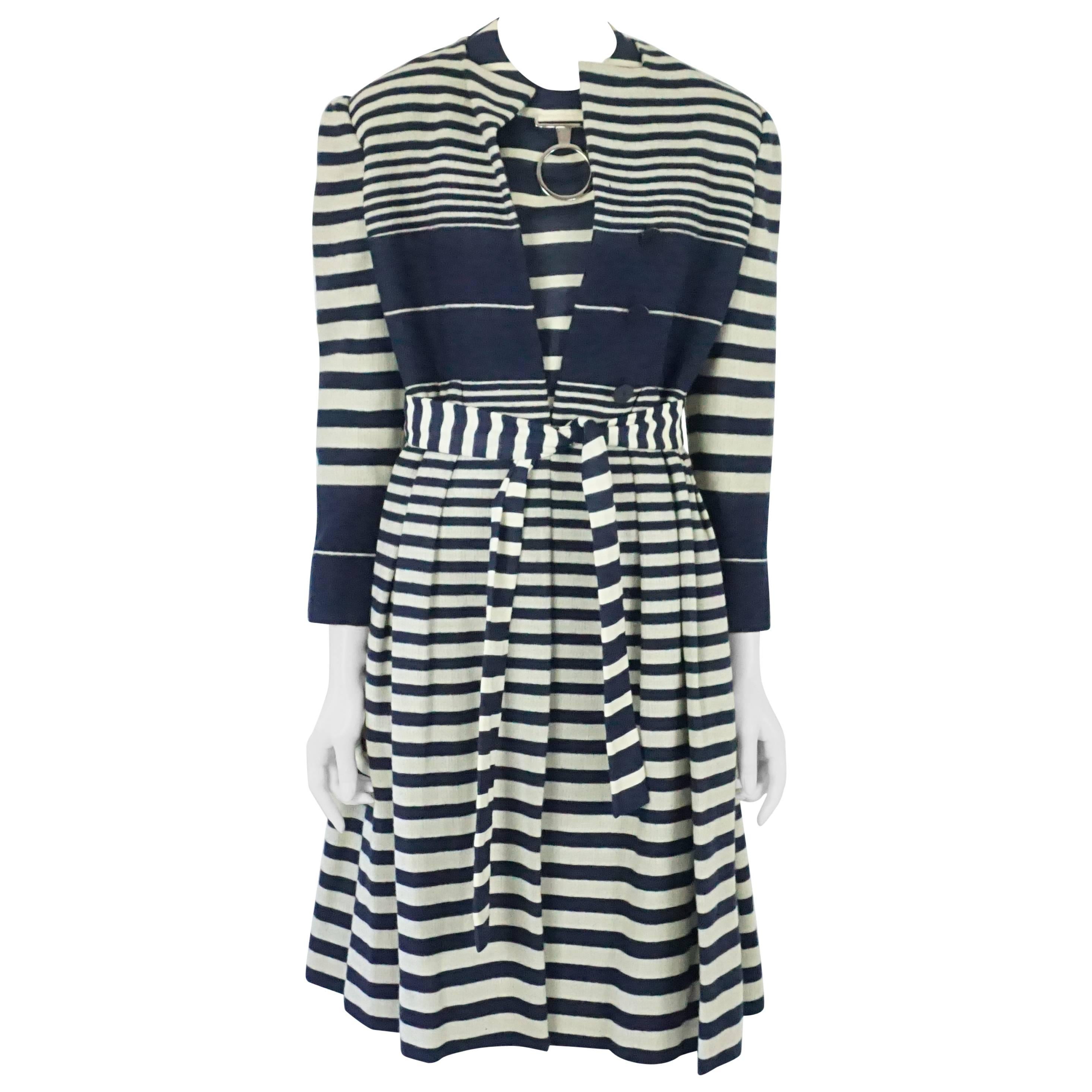Pauline Trigere Navy and Ivory Striped Wool Dress/Coat & Belt - 8- Circa 60s For Sale