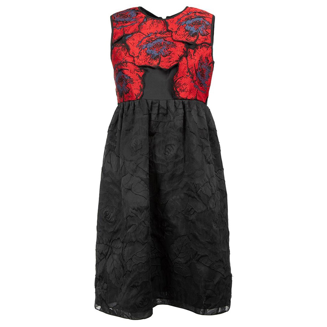 Black and Red Floral Embroidered Jacquard Mini Dress Size M For Sale at