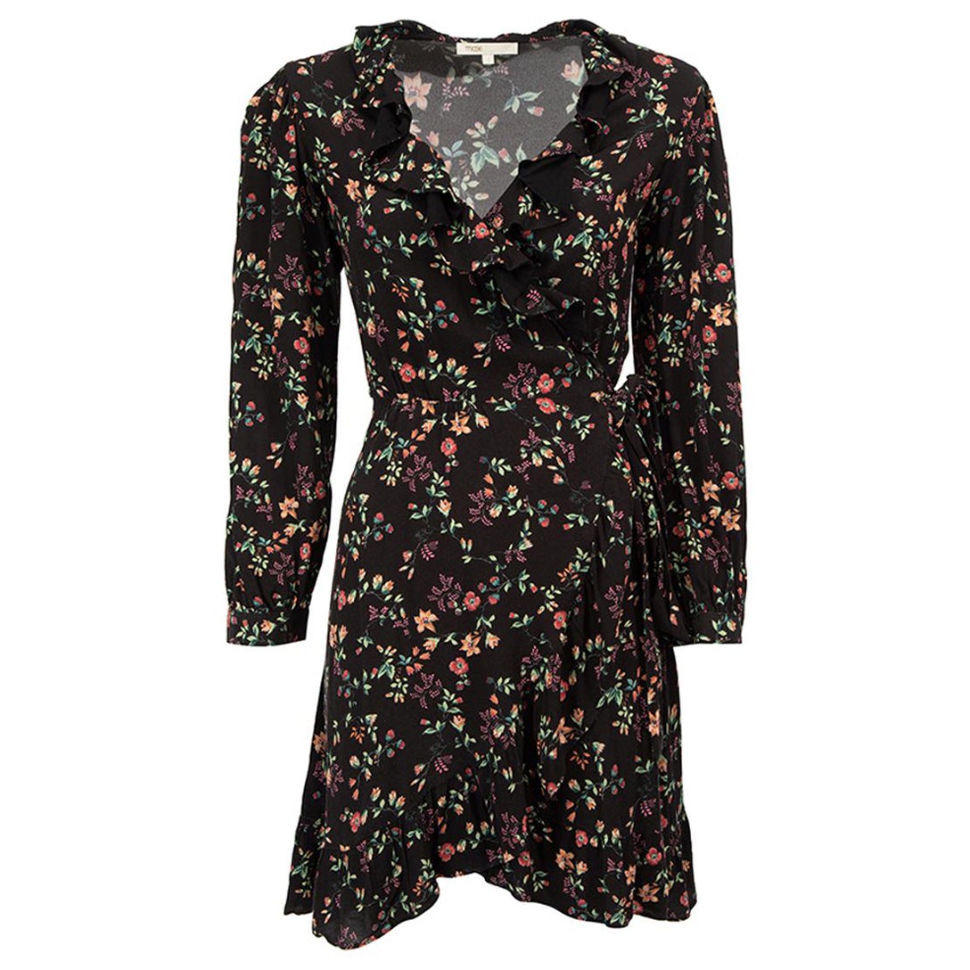 Maje - Mini robe portefeuille noire à imprimé floral, taille S en vente