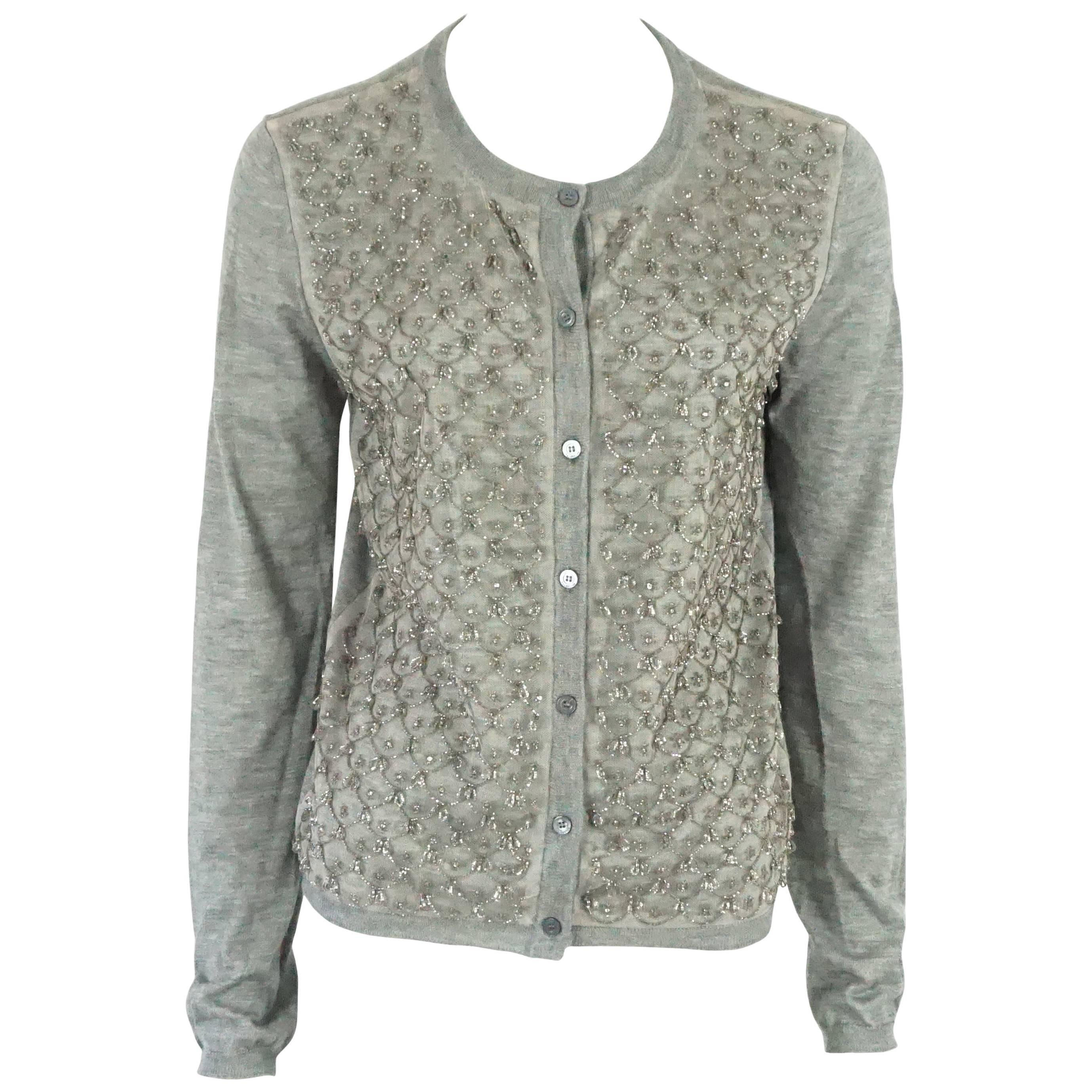 Valentino Gray Cotton-Knit Cardigan with Beaded Design - M
