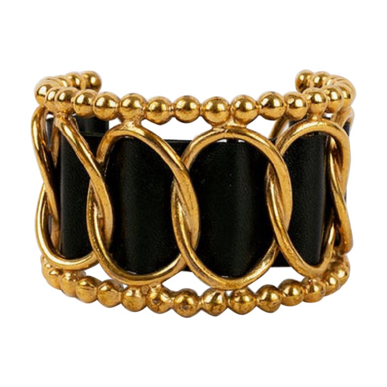 Chanel Leather & Gold Bracelet, 1990s For Sale