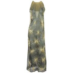 Halston Black, Gold, and Silver Silk Chiffon Beaded Gown - XS - Circa 70's