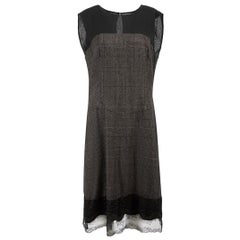 Salvatore Ferragamo Charcoal Wool Lace Trim Tartan Printed Dress Size XL
