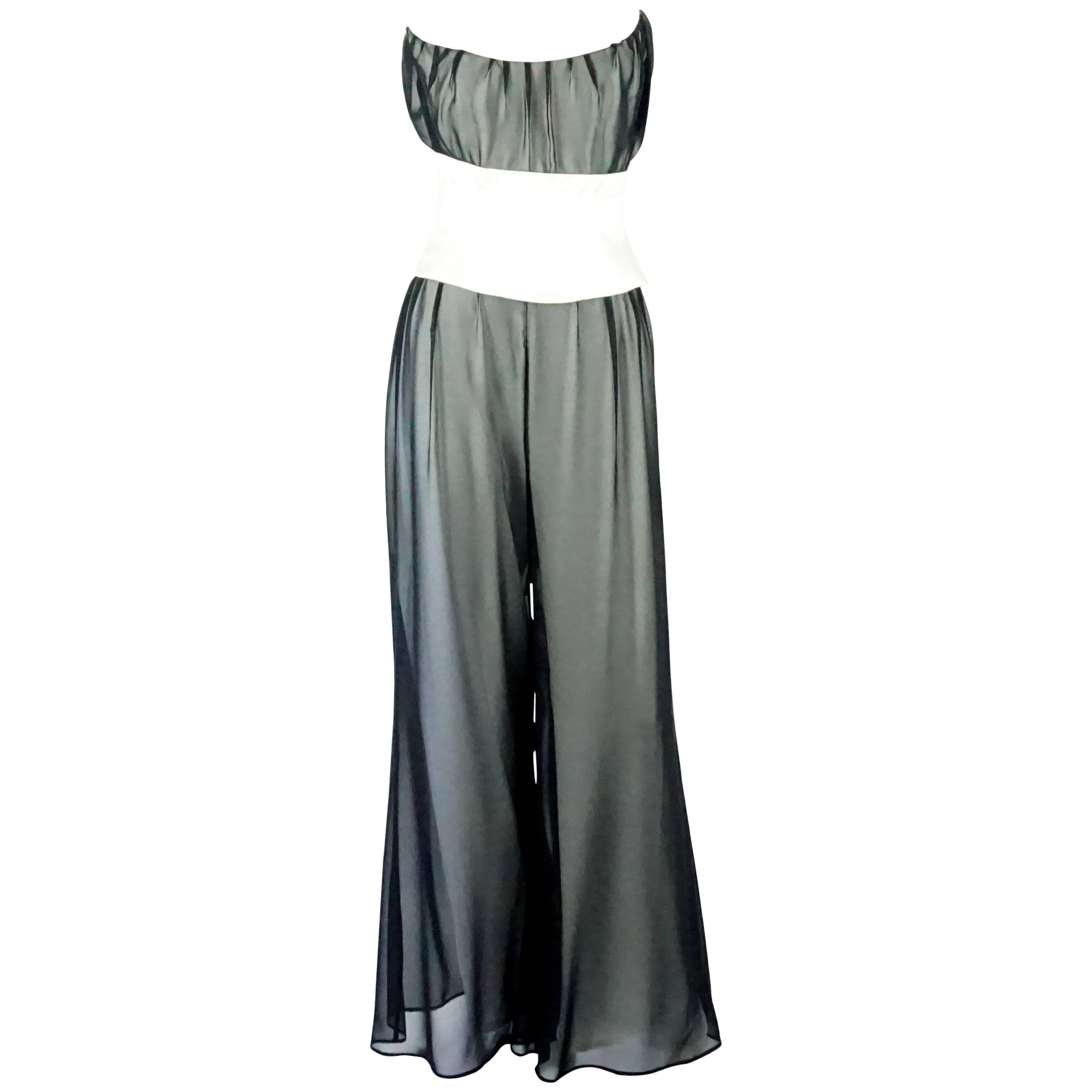 Thierry Mugler Black / White Palazzo Pants Cropped Bustier and Belt, Circa 1980s