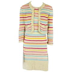 Chanel Tan and Multi-Colored Cotton Knit Striped Dress & Cardigan - 36