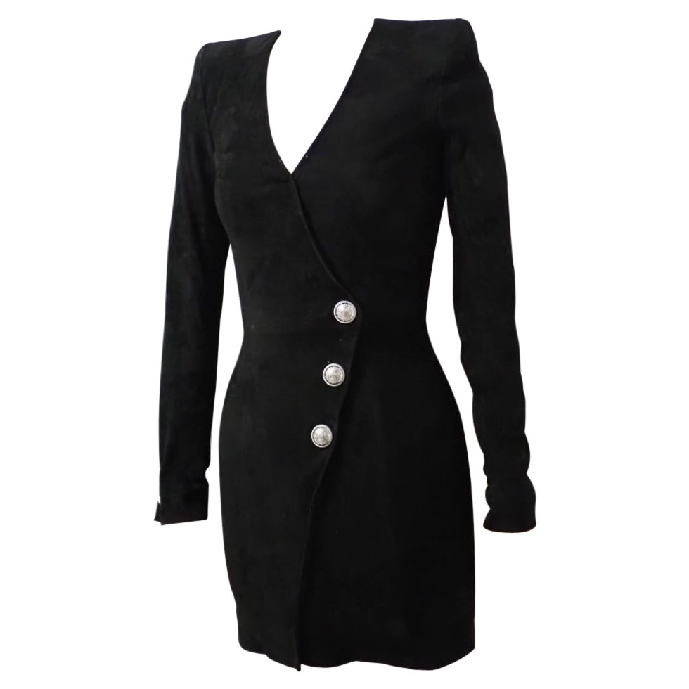 Balmain black suede silver tone buttons dress For Sale