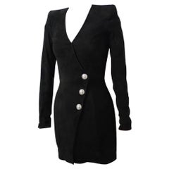 Used Balmain black suede silver tone buttons dress