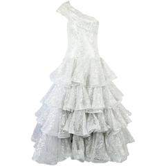 Scaasi White and Silver Silk Lace One-Shoulder Ruffled Ball Gown-10-Circa 90's