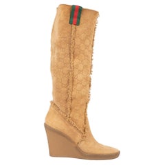 Gucci Camel GG Monogram Shearling Wedge Boots Size IT 38