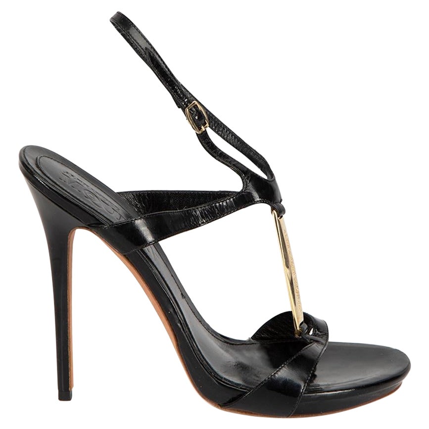 Alexander McQueen Black Patent Leather Gold Accent Heeled Sandals Size IT  38.5 at 1stDibs