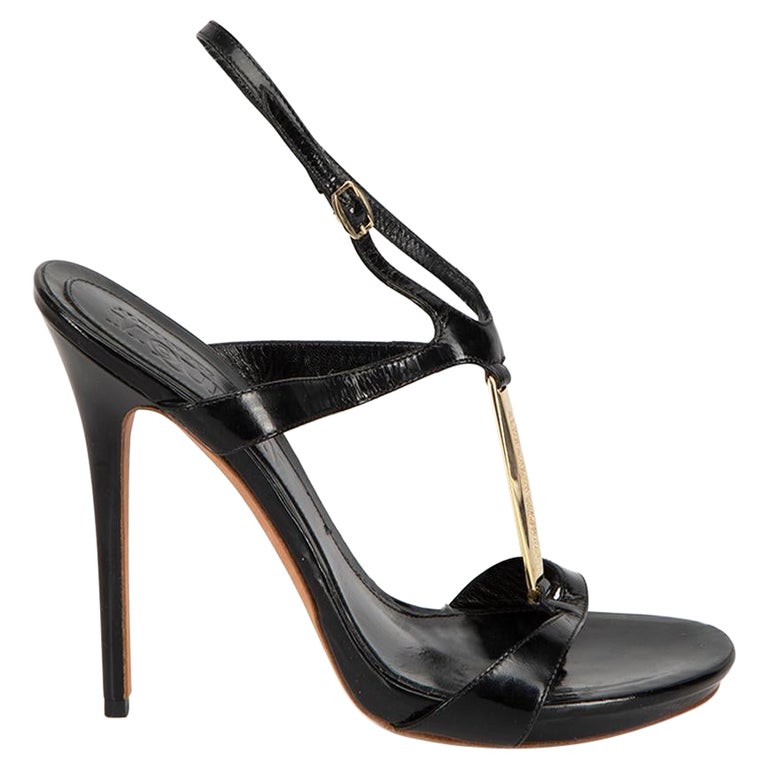 Black Patent Leather Gold Plaque Accent Heeled Sandals Size IT 38.5 For  Sale at 1stDibs