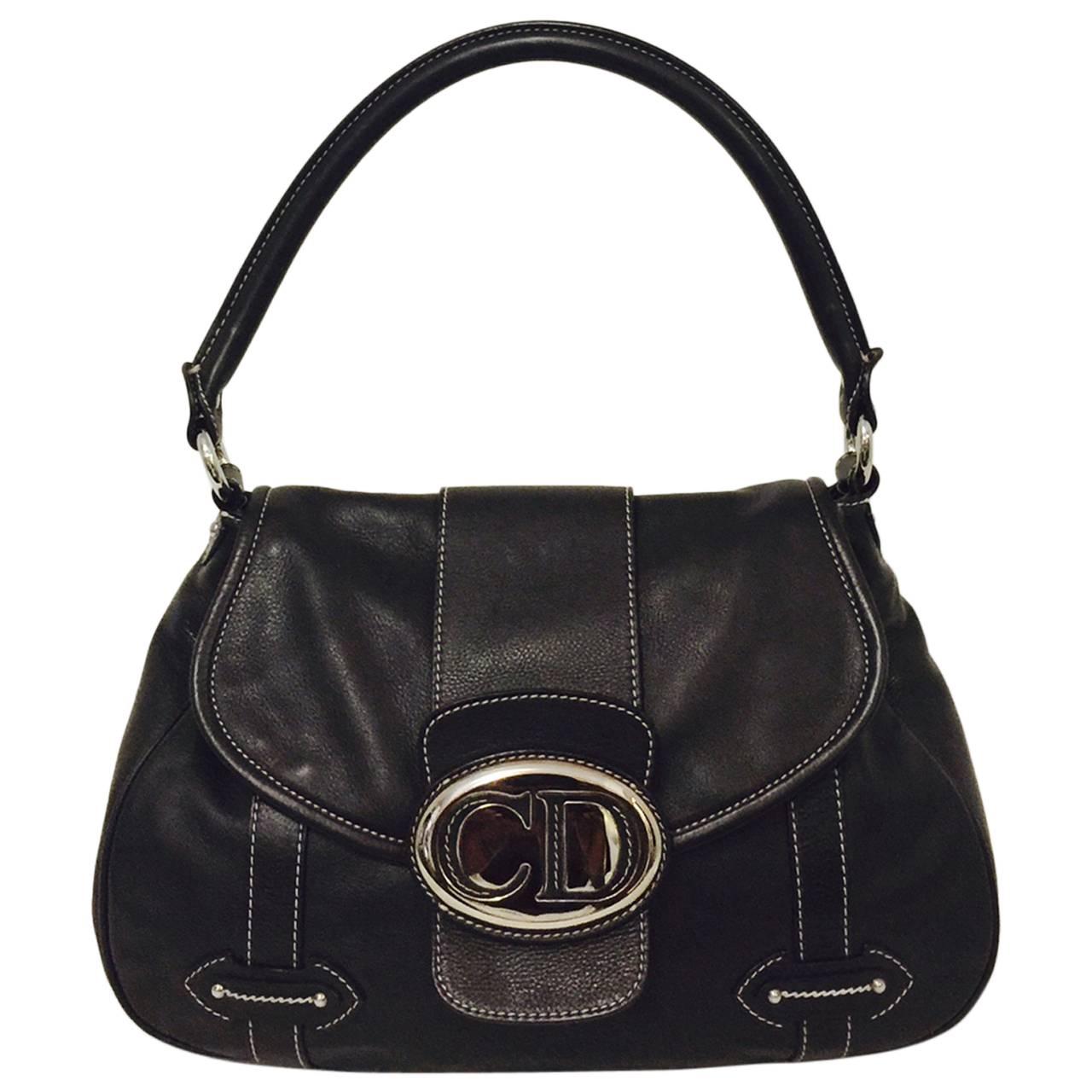 Christian Dior Chocolate Leather Flap Shoulder Bag With Silver Tone Hardware  For Sale