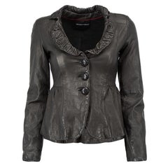 EMPORIO ARMANI EA7 Black Leather Matelassé Collar Fitted Jacket Size XS