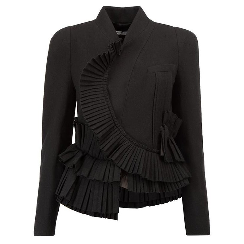 Givenchy Black Wool Ruffle Trim Asymmetric Jacket Size M