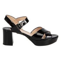 Prada Black Patent Leather Cross Strap Platform Sandals Size IT 38.5