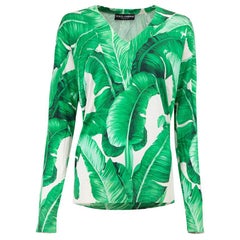 Dolce & Gabbana Green Silk Banana Leaf Print V Neck Jumper Size XXS