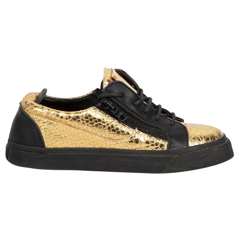 Giuseppe Zanotti Gold & Black Leather Snakeskin Embossed Trainers Size IT 36 For Sale