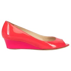 Jimmy Choo Neon Pink Patent Leather Peep Toe Wedges Size IT 36