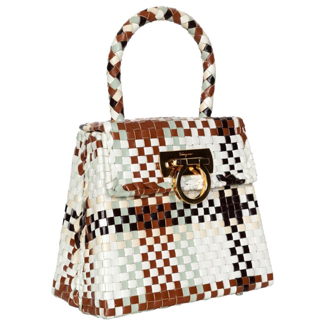 Salvatore Ferragamo Gancini Leather Intrecciato Top Handle Bag For Sale
