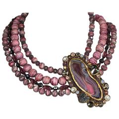 Ella K Pink Glass, Wood, and Agate Choker Necklace