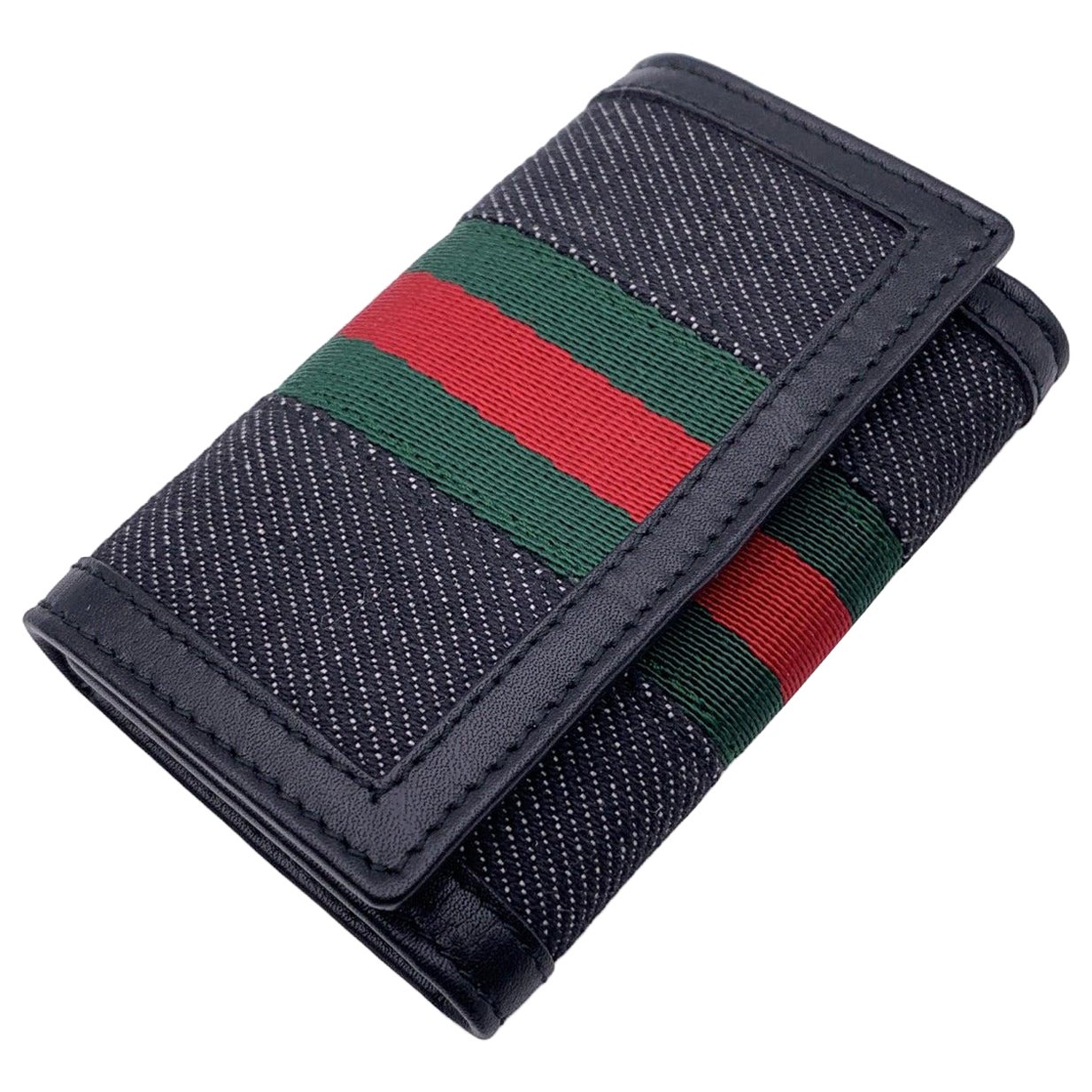 Gucci Black Denim Canvas and Leather Web 6 Key Case Holder Pouch For Sale