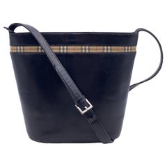 Burberry Vintage Black Leather Haymarket Bucket Shoulder Bag