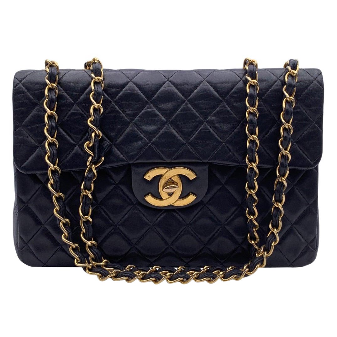 Chanel Vintage Black Quilted Jumbo Classic Flap 2.55 Shoulder Bag