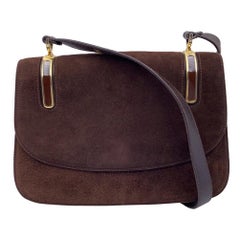 Gucci Vintage Brown Suede Flap Shoulder Bag with Enamel