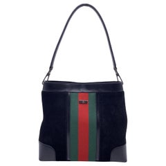 Gucci Black Suede and Leather Shoulder Bag Tote with Stripes