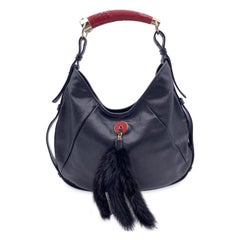 Yves Saint Laurent Black Leather Mombasa Hobo Bag Red Handle