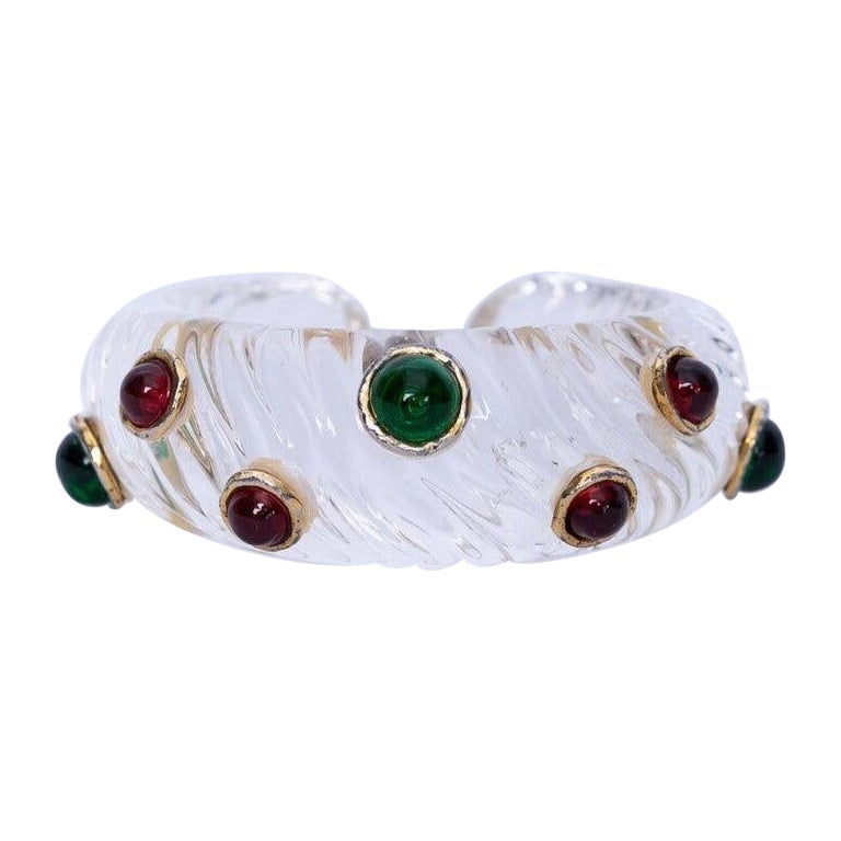 Chanel Lucite Bracelet Decorated with Multi-color Glass Paste Cabochons, 1980s For Sale