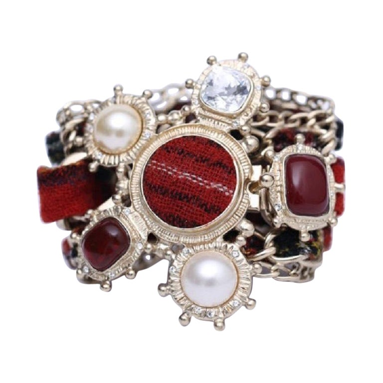Chanel Gilded Metal Cuff Bracelet in Champagne Metal & Tartan in Red Tones For Sale