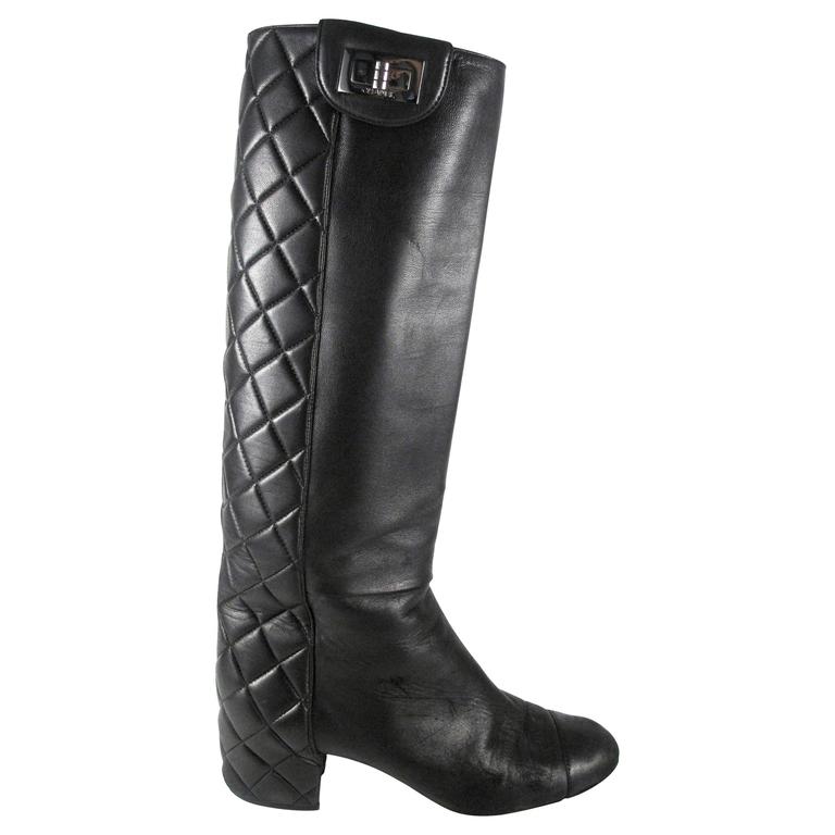 Chanel Boots 6.5 7 36.5 37 Black Quilted Leather Knee High Turn