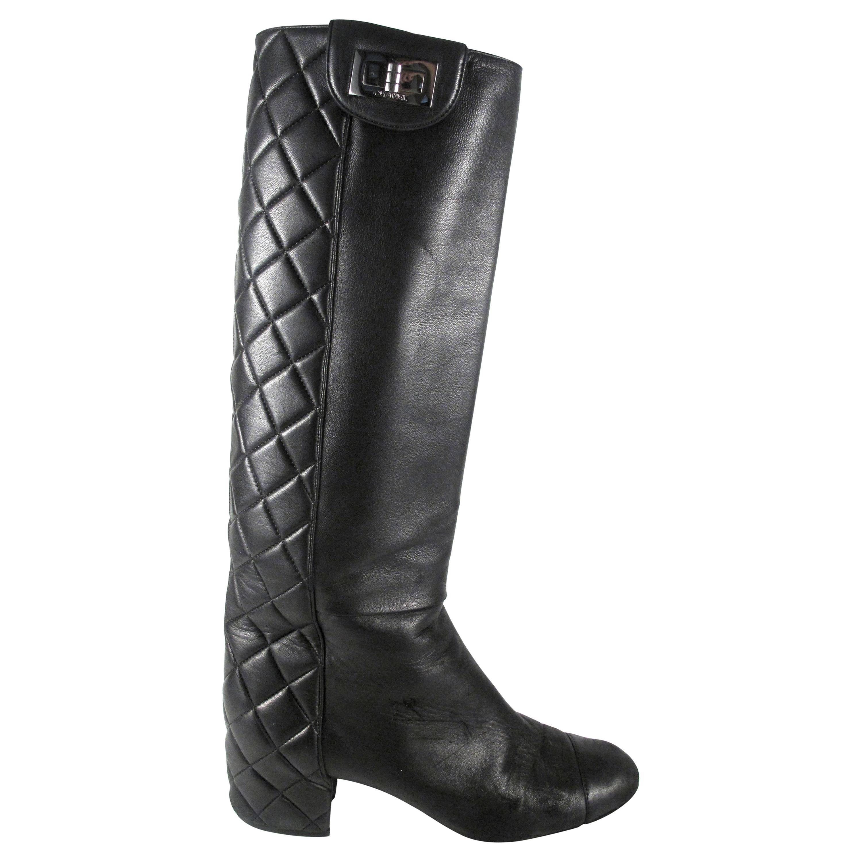 Chanel Boots 6.5 7 36.5 37 Black Quilted Leather Knee High Turn Lock Silver CC