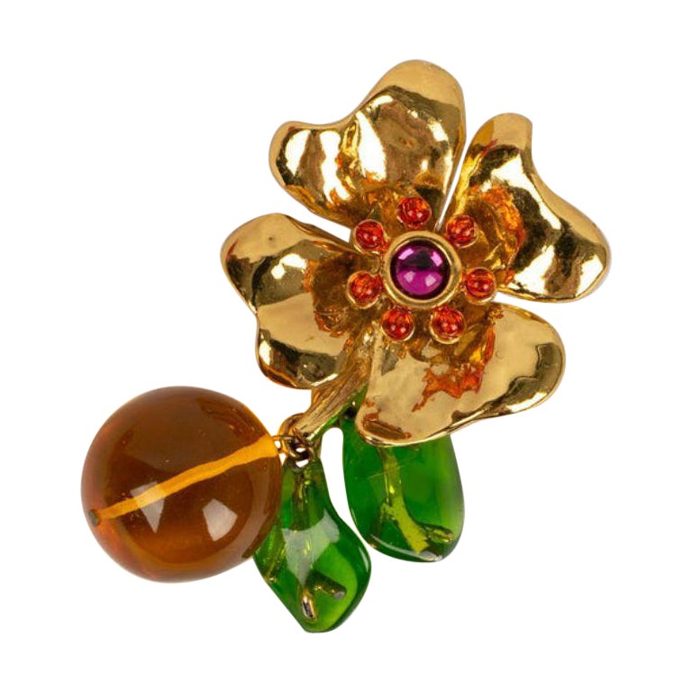 Christian Lacroix "Flower" Brooch in Gold Metal and Resin For Sale