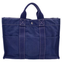 Hermes Paris Vintage Blue Canvas Cotton Fourre Tout MM Bag Tote