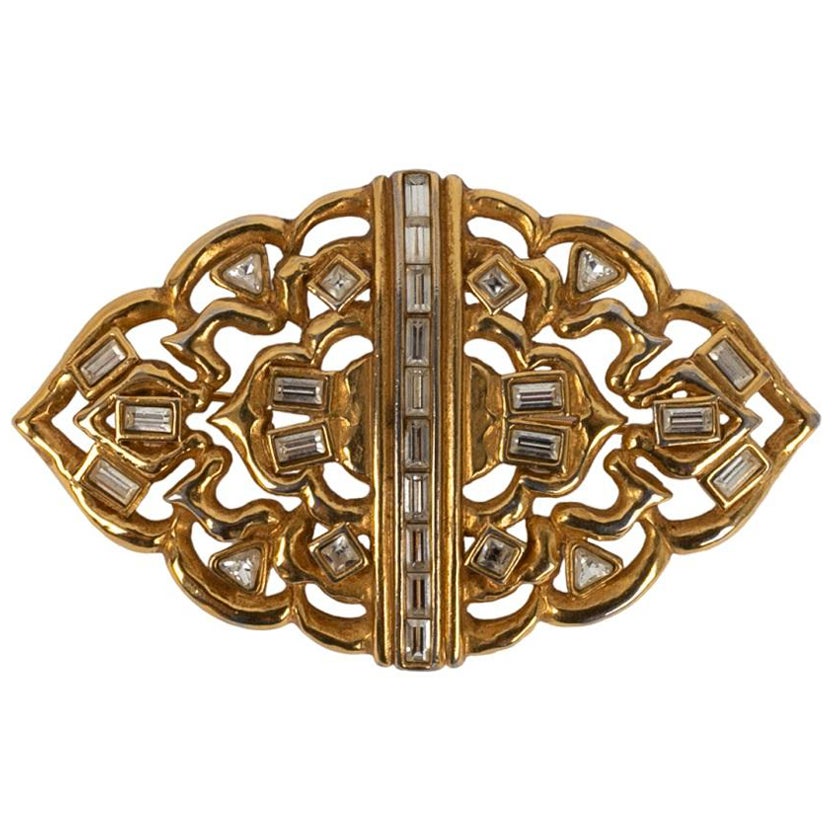 Yves Saint Laurent Openwork Gold Metal Brooch with Rhinestones For Sale