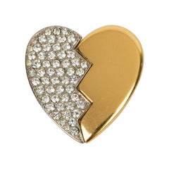 Yves Saint Laurent Brooch in Gold and Silver Plated Heart with Rhinestones