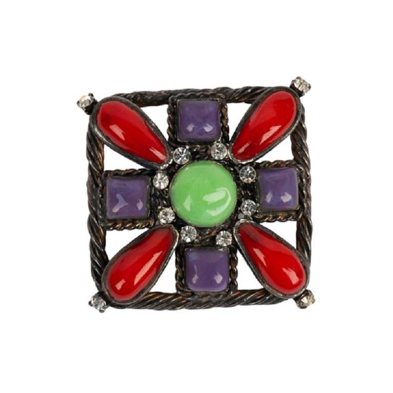 Chanel Pendant Brooch in Dark Silver Metal and Multicolored Glass Paste, 1996 For Sale