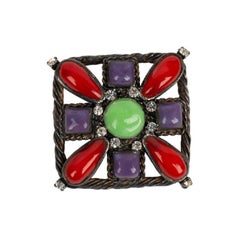 Vintage Chanel Pendant Brooch in Dark Silver Metal and Multicolored Glass Paste, 1996