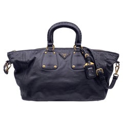 Prada Black Leather East West Bag Handbag with Strap