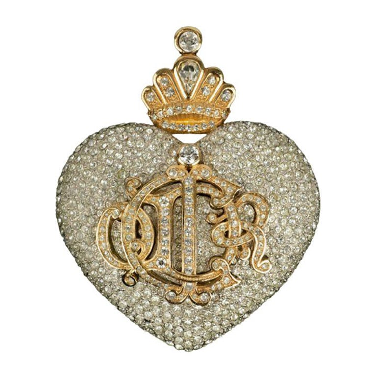Christian Dior Heart Brooch in Silver and Gold Metal Paved with Rhinestones