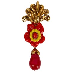 Vintage Christian Lacroix Gilded Metal and Glass Paste Brooch