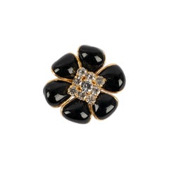 Chanel Camellia Brooch in Gold Metal, Rhinestones and Black Glass Paste, 1995