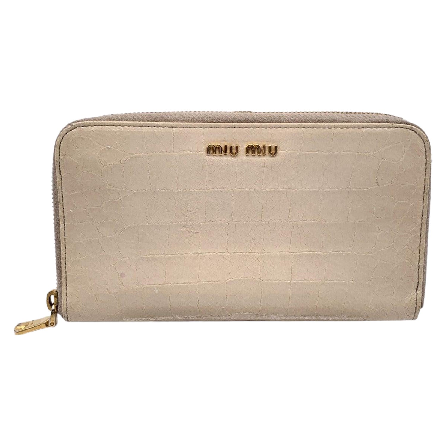Miu Miu Light Beige Embossed Leather Zippy Long Continental Wallet For Sale