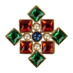 Yves Saint Laurent Broche/pendentif en métal plaqué or avec strass