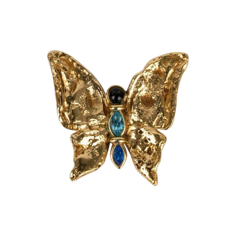Yves Saint Laurent Gold Metal and Rhinestone Butterfly Brooch For Sale