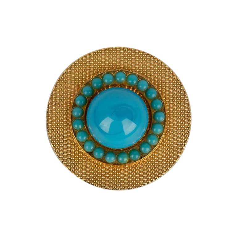 Dior Round Brooch in Gilded Metal and Glass Paste Cabochons For Sale